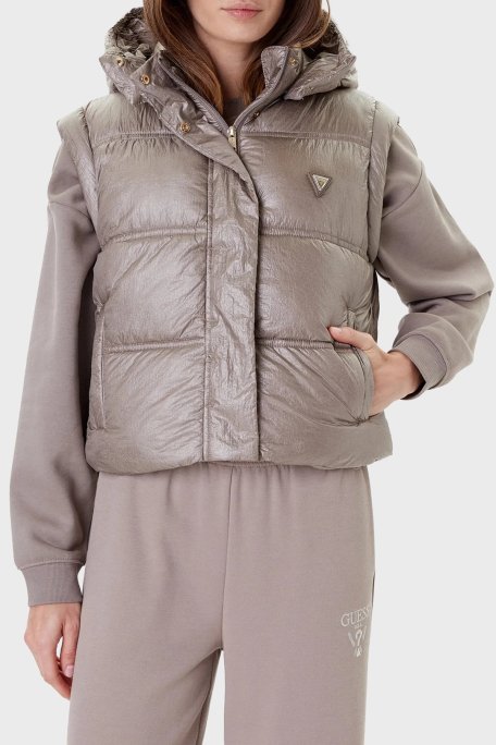 Guess Ernestine Regular Fit Çıkarılabilir Kapüşonlu Logolu Şişme W5YL11WHDO2 Bayan Yelek W5YL11 WHDO2 G1J1 GRİ - Guess