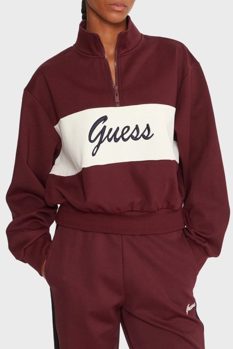Guess Fabia Streç Logolu Regular Fit Yarım Fermuarlı Dik Yaka Kısa V5BQ00KCX22 Bayan Sweat V5BQ00 KCX22 G4P2 BORDO-BEYAZ - Guess