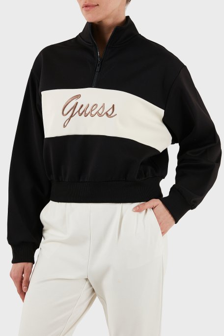 Guess Fabia Streç Logolu Regular Fit Yarım Fermuarlı Dik Yaka Kısa V5BQ00KCX22 Bayan Sweat V5BQ00 KCX22 JBLK SİYAH - Guess