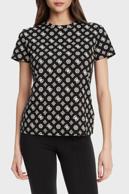 Guess Gloria 4G Logo Baskılı Pamuklu Regular Fit Bisiklet Yaka V5YI04I3Z14 Bayan T Shirt V5YI04 I3Z14 PJ1Q SİYAH - Guess