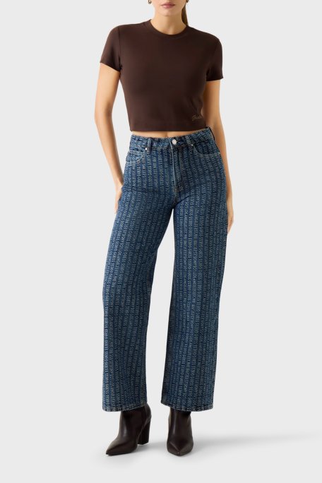 Guess Indigo Tamamı Logolu Relaxed Fit Yüksek Bel Geniş Paça Jean W6RA1AD6851 Bayan Kot Pantolon W6RA1A D6851 TKM0 MAVİ - Guess (1)