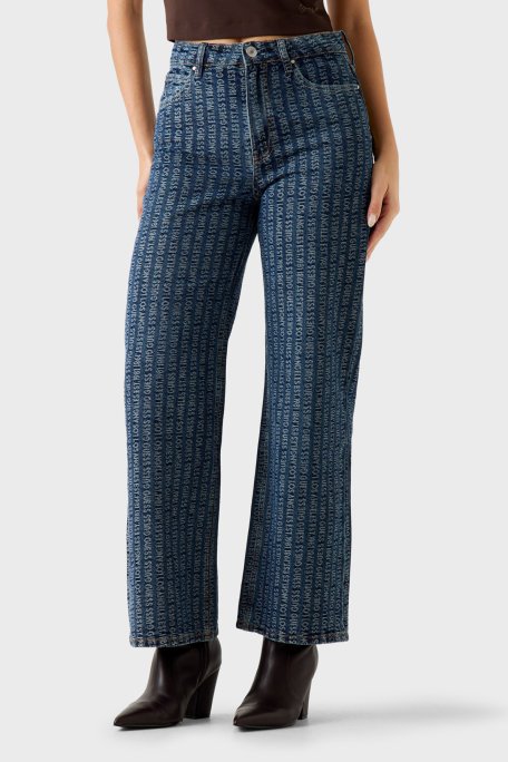 Guess Indigo Tamamı Logolu Relaxed Fit Yüksek Bel Geniş Paça Jean W6RA1AD6851 Bayan Kot Pantolon W6RA1A D6851 TKM0 MAVİ - Guess