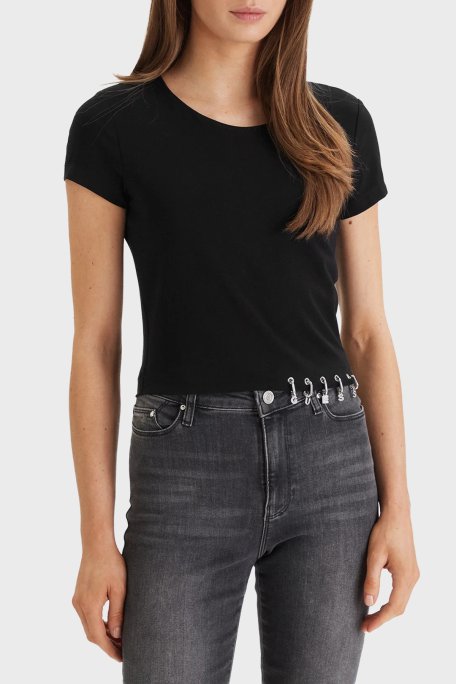 Guess Jersey Logo Detaylı Pamuklu Bisiklet Yaka Crop W6GP11K2933 Bayan Top W6GP11 K2933 JBLK SİYAH - Guess