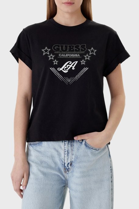 Guess Jersey Pamuklu Taş Detaylı Regular Fit Bisiklet Yaka W6RI30I3Z14 Bayan T Shirt W6RI30 I3Z14 JBLK SİYAH - Guess