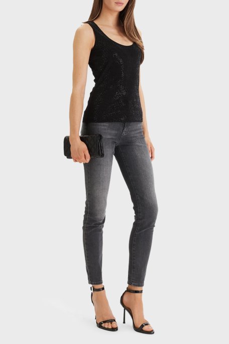 Guess Jersey Taşlı Logolu Pamuklu Regular Fit Yuvarlak Yaka W6GP10K2932 Bayan Top W6GP10 K2932 JBLK SİYAH - Guess (1)