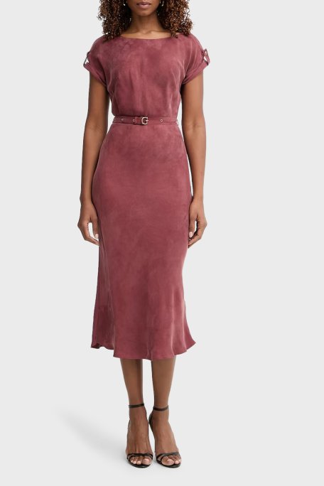 Guess Kemerli Bisiklet Yaka Midi Boy W6GK50W1950 Kadın Elbise W6GK50 W1950 G594 BORDO - Guess