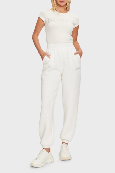 Guess Kiara Streç Pamuklu Slim Fit Taşlı Logolu V4BI16KCIV1 Bayan T Shirt V4BI16 KCIV1 G6K5 EKRU - Guess (1)