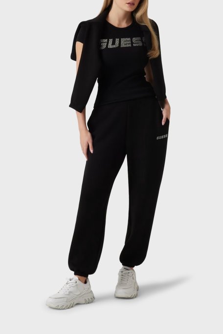 Guess Kiara Streç Pamuklu Slim Fit Taşlı Logolu V4BI16KCIV1 Bayan T Shirt V4BI16 KCIV1 JBLK SİYAH - Guess (1)