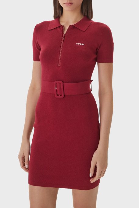 Guess Laurene Slim Fit Kemer Detaylı Fermuarlı Polo Yaka Triko V6RK08Z4642 Bayan Elbise V6RK08 Z4642 G5B7 BORDO - Guess