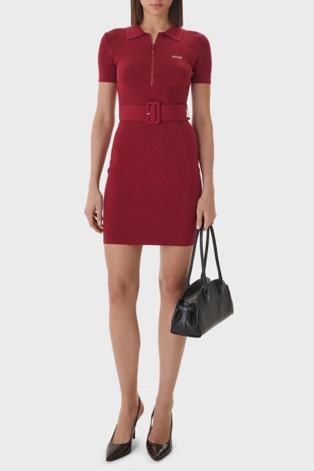 Guess Laurene Slim Fit Kemer Detaylı Fermuarlı Polo Yaka Triko V6RK08Z4642 Bayan Elbise V6RK08 Z4642 G5B7 BORDO - Guess (1)