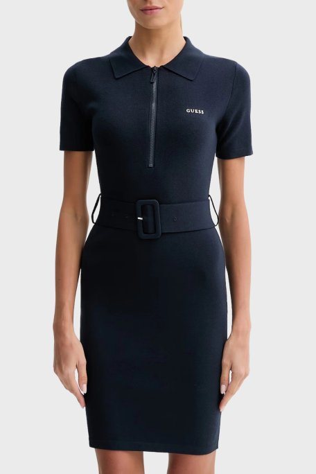 Guess Laurene Slim Fit Kemer Detaylı Fermuarlı Polo Yaka Triko V6RK08Z4642 Bayan Elbise V6RK08 Z4642 G7R1 LACİVERT - Guess