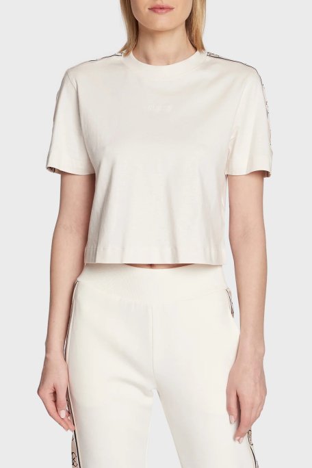 Guess Logo Bantlı % 100 Pamuk Bisiklet Yaka Relaxed Fit Britney Bayan T Shirt V3RI08I3Z14 G6K5 EKRU - Guess