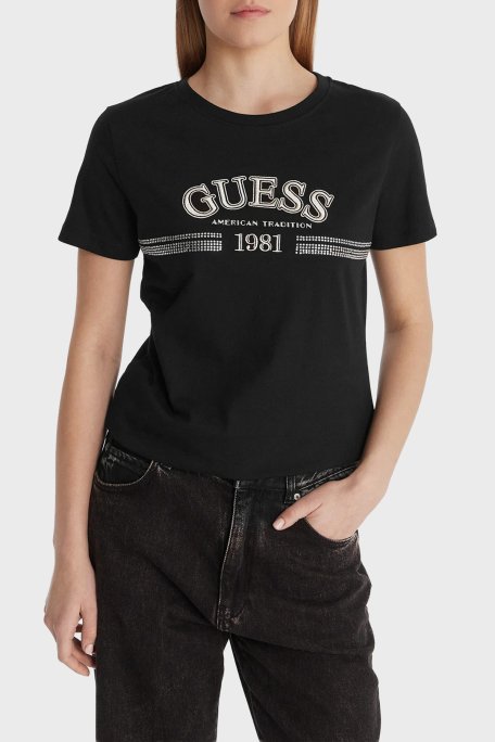 Guess Logolu Pamuklu Regular Fit Bisiklet Yaka V6RI16I3Z14 Bayan T Shirt V6RI16 I3Z14 JBLK SİYAH - Guess