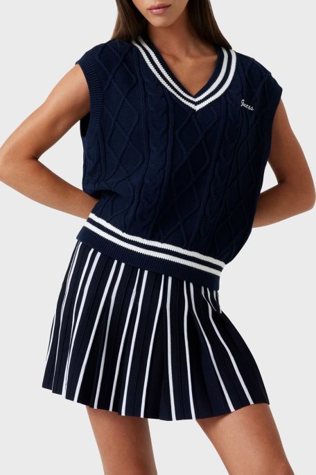 Guess Logolu Pamuklu Standart Fit V Yaka Örgü V5GR00Z3FB1 Bayan Süveter V5GR00 Z3FB1 A71W LACİVERT - Guess