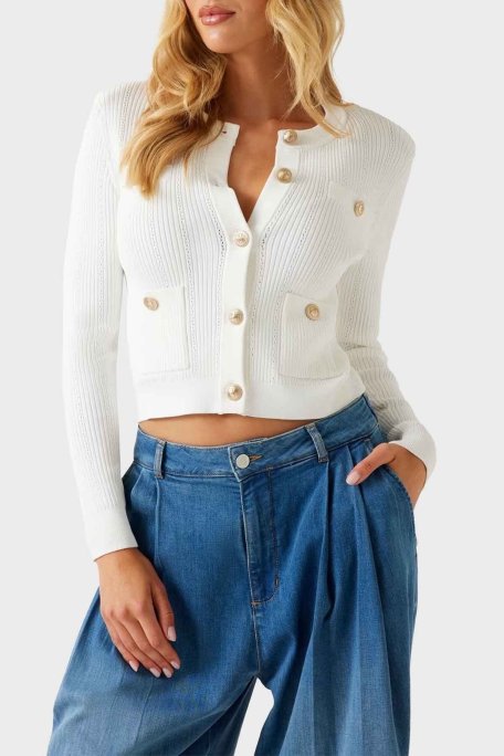 Guess Ls Cn Emmie Regular Fit Bisiklet Yaka Düğmeli Triko W5YR09Z0130 Bayan Hırka W5YR09 Z0130 G012 BEYAZ - Guess