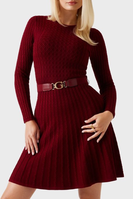 Guess Ls Cn Flare Fit Bisiklet Yaka Kemer Detaylı Mini Triko W5BK68Z2YJ2 Bayan Elbise W5BK68 Z2YJ2 F57F BORDO - Guess