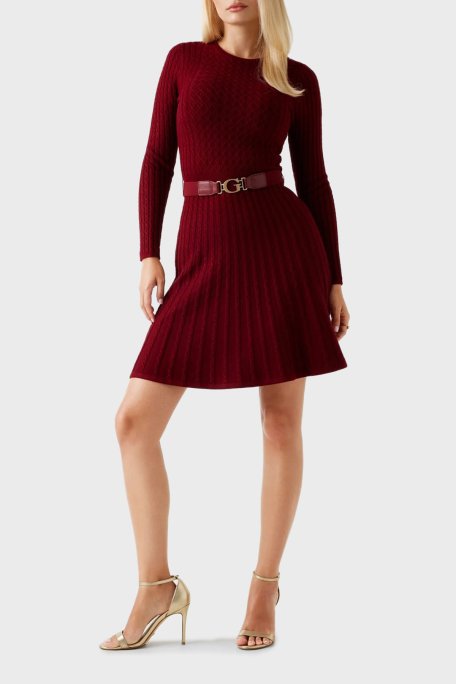 Guess Ls Cn Flare Fit Bisiklet Yaka Kemer Detaylı Mini Triko W5BK68Z2YJ2 Bayan Elbise W5BK68 Z2YJ2 F57F BORDO - Guess (1)