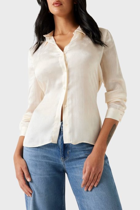 Guess Ls Marthe 4G Logolu Jakarlı Comfort Fit Uzun Kollu W5YH1AWHCR2 Bayan Gömlek W5YH1A WHCR2 G1F7 EKRU - Guess