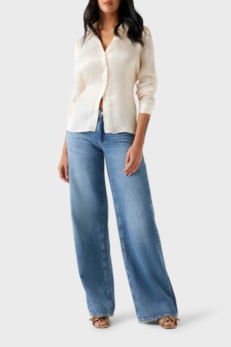 Guess Ls Marthe 4G Logolu Jakarlı Comfort Fit Uzun Kollu W5YH1AWHCR2 Bayan Gömlek W5YH1A WHCR2 G1F7 EKRU - Guess (1)