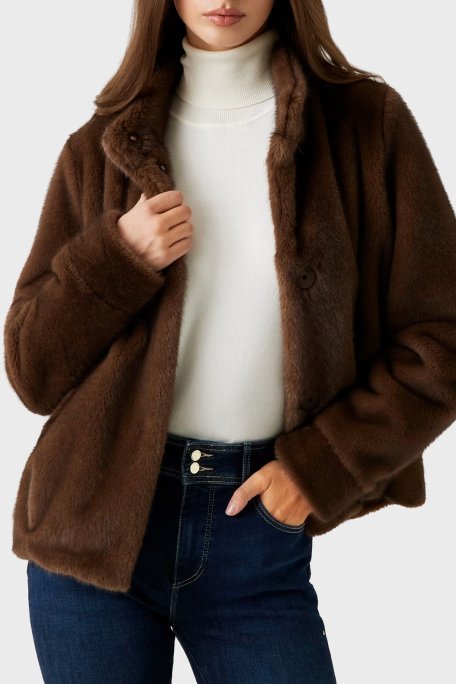 Guess Luna Regular Fit Dik Yaka Suni Kürk W5BL64W3920 Bayan Mont W5BL64 W3920 F18S KAHVE - Guess