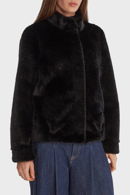 Guess Luna Regular Fit Dik Yaka Suni Kürk W5BL64W3920 Bayan Mont W5BL64 W3920 JBLK SİYAH - Guess