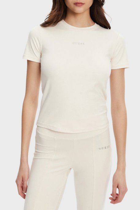 Guess Margot Logolu Slim Fit Bisiklet Yaka Crop V5RI10KCD02 Bayan T Shirt V5RI10 KCD02 G6K5 EKRU - Guess