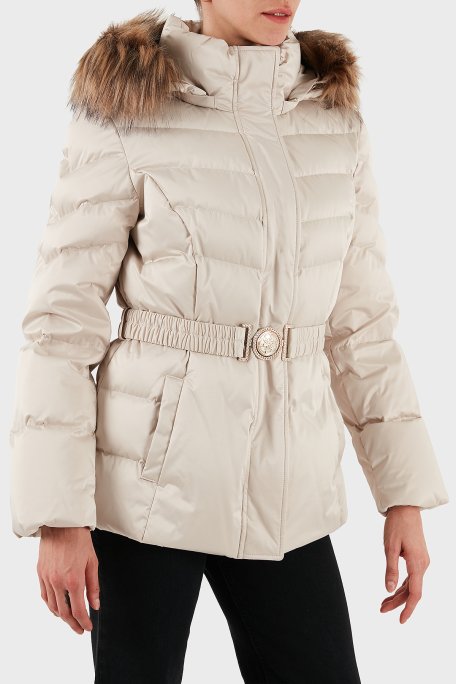 Guess Marina Regular Fit Çıkarılabilir Kapüşonlu Kemerli W5BL31W2802 Bayan Mont W5BL31 W2802 A115 BEJ - Guess