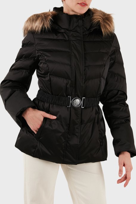 Guess Marina Regular Fit Çıkarılabilir Kapüşonlu Kemerli W5BL31W2802 Bayan Mont W5BL31 W2802 JTMU SİYAH - Guess