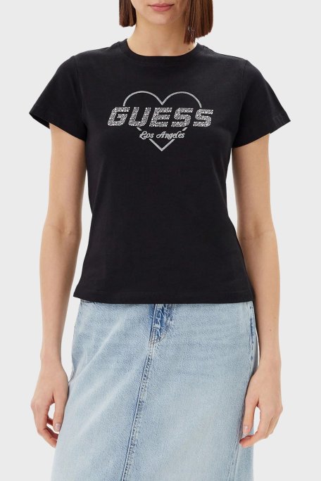 Guess Narciso Taşlı Logo Pamuklu Regular Fit V5GI10K9RM1 Bayan T Shirt V5GI10 K9RM1 JBLK SİYAH - Guess
