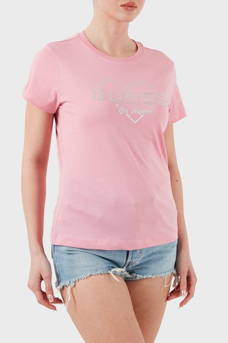 Guess Narciso Taşlı Logo Pamuklu Regular Fit V5GI10K9RM1 Bayan T Shirt V5GI10 K9RM1 PSPK PEMBE - Guess
