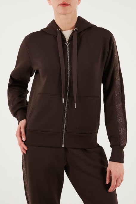 Guess New Hooded Regular Fit Kapüşonlu Yaka Logolu Fermuarlı W5YQ05KBYE2 Bayan Sweat W5YQ05 KBYE2 G1EB KAHVE - Guess