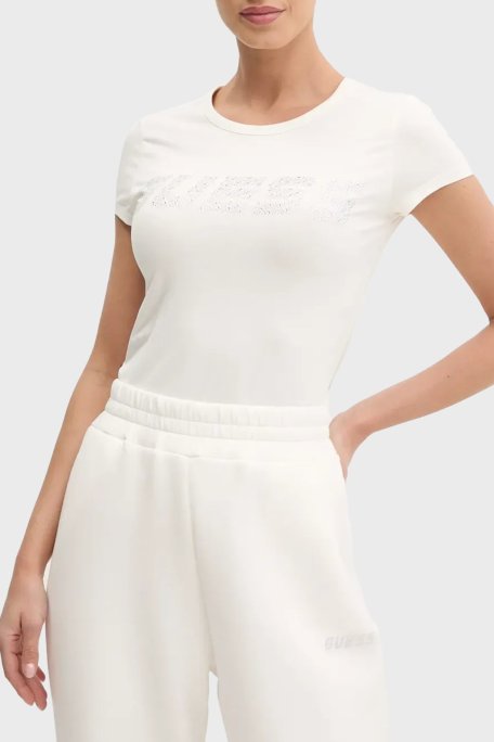 Guess New Kiara Taşlı Streç Pamuklu Regular Fit Bisiklet Yaka V5GI20J1314 Bayan T Shirt V5GI20 J1314 G018 BEYAZ - Guess