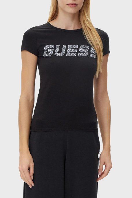 Guess New Kiara Taşlı Streç Pamuklu Regular Fit Bisiklet Yaka V5GI20J1314 Bayan T Shirt V5GI20 J1314 JBLK SİYAH - Guess