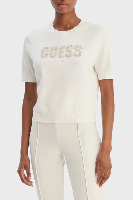 Guess Norah Regular Fit Bisiklet Yaka Taşlı Logolu W6RR47Z2NQ2 Bayan Kazak W6RR47 Z2NQ2 G012 BEYAZ - Guess