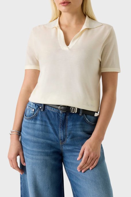 Guess Polo % 100 Yün Regular Fit Taş Detaylı W6GR03Z0583 Bayan Polo Yaka Kazak W6GR03 Z0583 G012 KREM - Guess