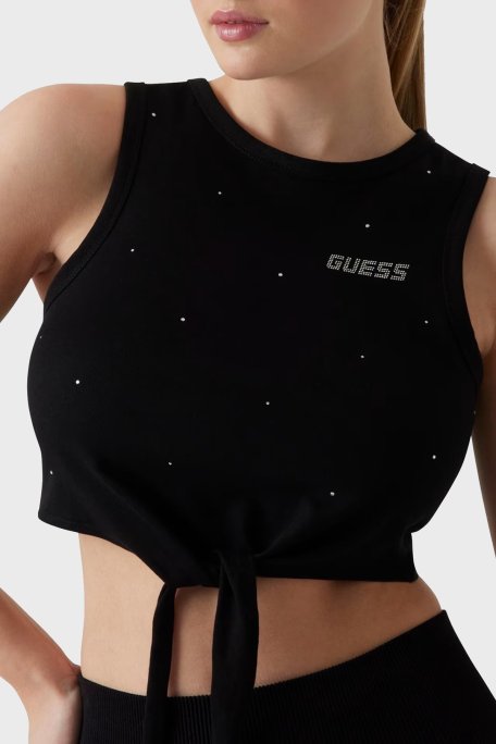 Guess Primula Pamuklu Taşlı Boxy Fit Bağlama Detaylı Crop T Shirt V5GI01I3Z14 Bayan Top V5GI01 I3Z14 JBLK SİYAH - Guess