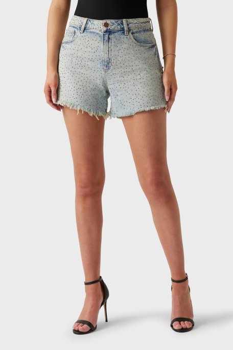 Guess Relaxed Yüksek Bel Pamuklu Taşlı W5GD74D5LQ2 Bayan Short W5GD74 D5LQ2 GRBG AÇIK MAVİ - Guess