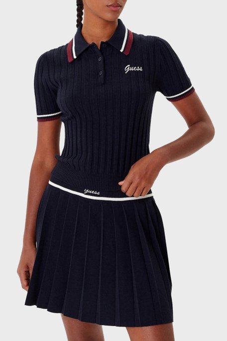 Guess Sabina Logolu Yünlü Slim Fit Düğmeli Polo Yaka Kısa Kollu Kazak V5BP04Z1152 Bayan Polo Yaka Kazak V5BP04 Z1152 A74A LACİVERT - Guess