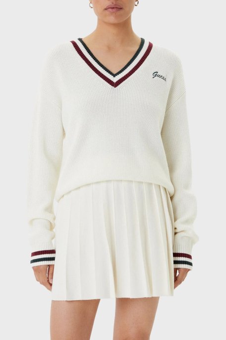 Guess Sabina Şeritli Yün Karışımlı Regular Fit V Yaka V5BR01Z1152 Bayan Kazak V5BR01 Z1152 G054 EKRU - Guess