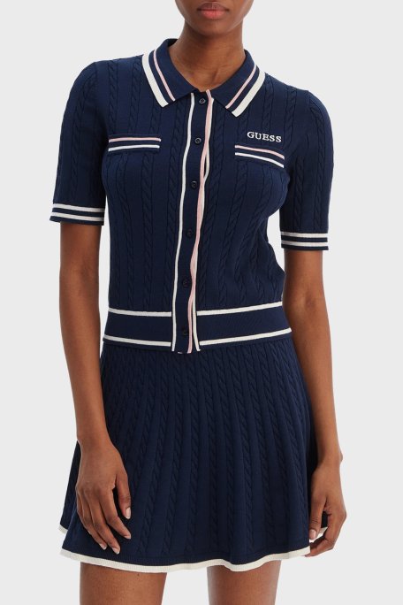 Guess Shari Logolu Slim Fit Örgü Detaylı Kısa Kollu Triko V6RR02Z4652 Bayan Hırka V6RR02 Z4652 G7R1 MAVİ - Guess