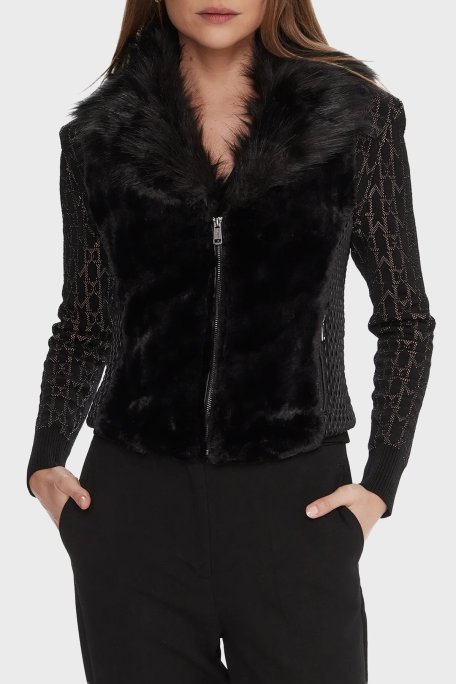 Guess Sl Amari Regular Fit Yumuşak Tüylü Yaka Fermuarlı W5BL0IKCP70 Bayan Yelek W5BL0I KCP70 JTMU SİYAH - Guess