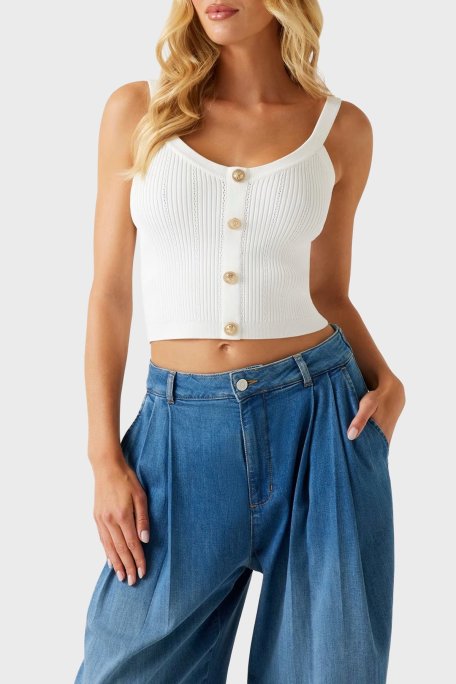 Guess Sl Emiie Fitilli Düğme Detaylı Regular Fit Yuvarlak Yaka W5YR10Z0130 Bayan Top W5YR10 Z0130 G012 BEYAZ - Guess