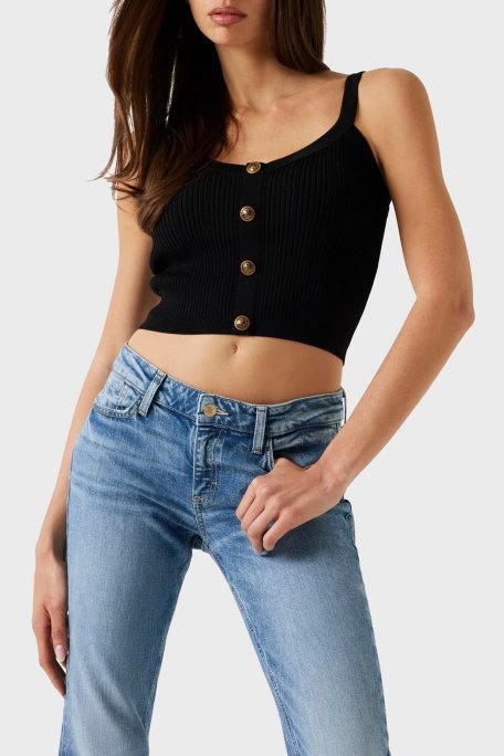 Guess Sl Emiie Fitilli Düğme Detaylı Regular Fit Yuvarlak Yaka W5YR10Z0130 Bayan Top W5YR10 Z0130 JBLK SİYAH - Guess