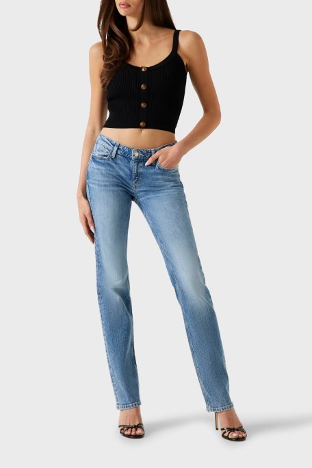 Guess Sl Emiie Fitilli Düğme Detaylı Regular Fit Yuvarlak Yaka W5YR10Z0130 Bayan Top W5YR10 Z0130 JBLK SİYAH - Guess (1)