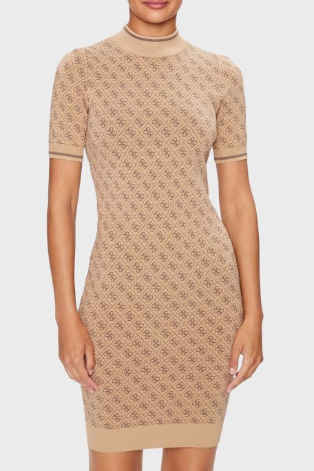 Guess Slim Fit Bisiklet Yaka Logo Desenli Kısa Kollu Mini Bayan Elbise W3YK39Z37K0 F1FP KAHVE - Guess