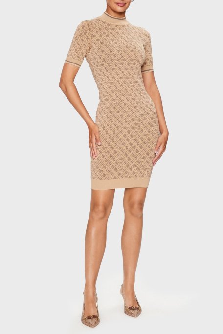 Guess Slim Fit Bisiklet Yaka Logo Desenli Kısa Kollu Mini Bayan Elbise W3YK39Z37K0 F1FP KAHVE - Guess (1)