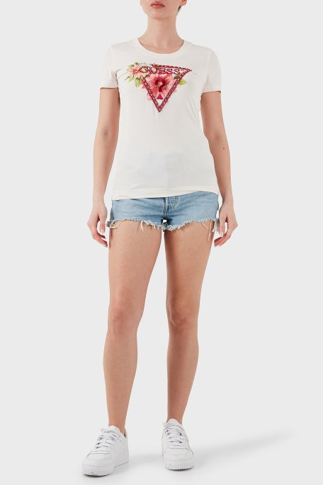 Guess Ss Cn Logo Nakışlı Streç Pamuklu Slim Fit Bisiklet Yaka W5GI10J1314 Bayan T Shirt W5GI10 J1314 G012 EKRU - Guess (1)