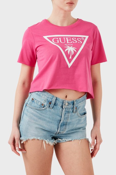 Guess Ss Cn Logo Pamuklu Boxy Fit E02I01JA914 Bayan Crop E02I01 JA914 F45D FUŞYA - Guess