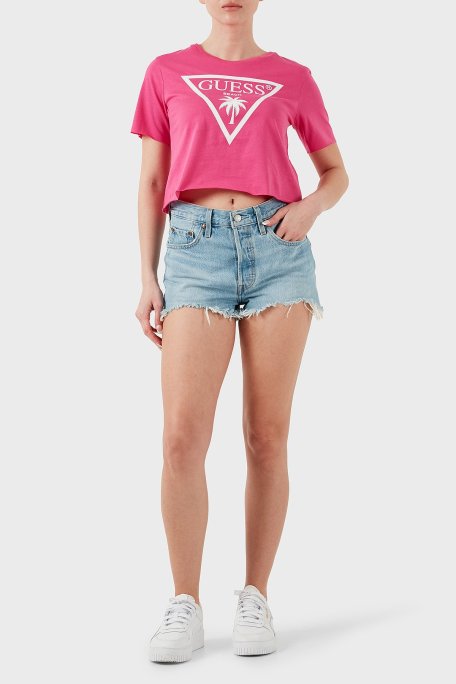 Guess Ss Cn Logo Pamuklu Boxy Fit E02I01JA914 Bayan Crop E02I01 JA914 F45D FUŞYA - Guess (1)
