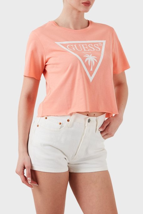 Guess Ss Cn Logo Pamuklu Boxy Fit E02I01JA914 Bayan Crop E02I01 JA914 LTAG PUDRA - Guess